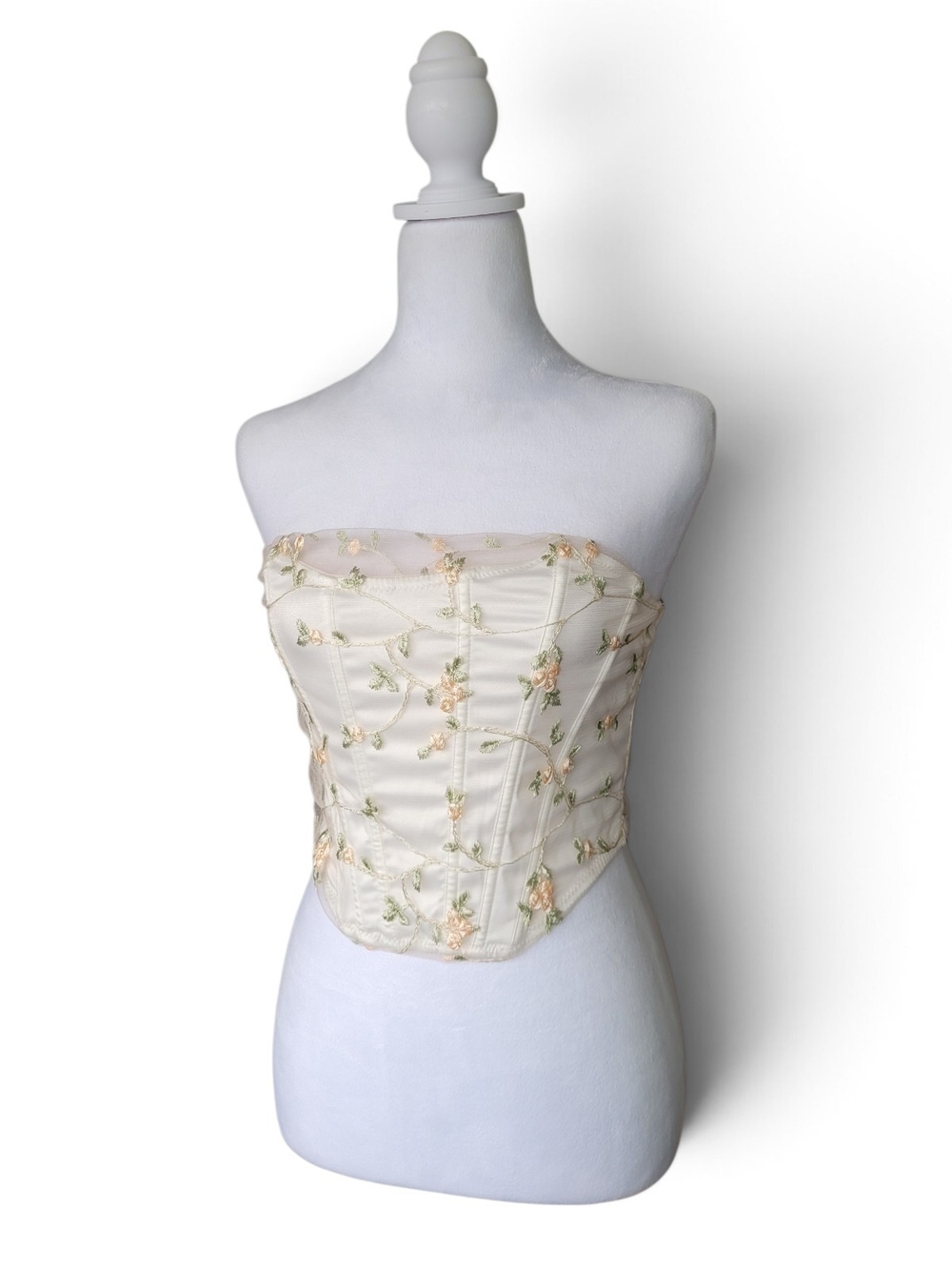 Floral Embroidery Mesh Corset Bustier Romantic Fairycore Ivory Peach Green S